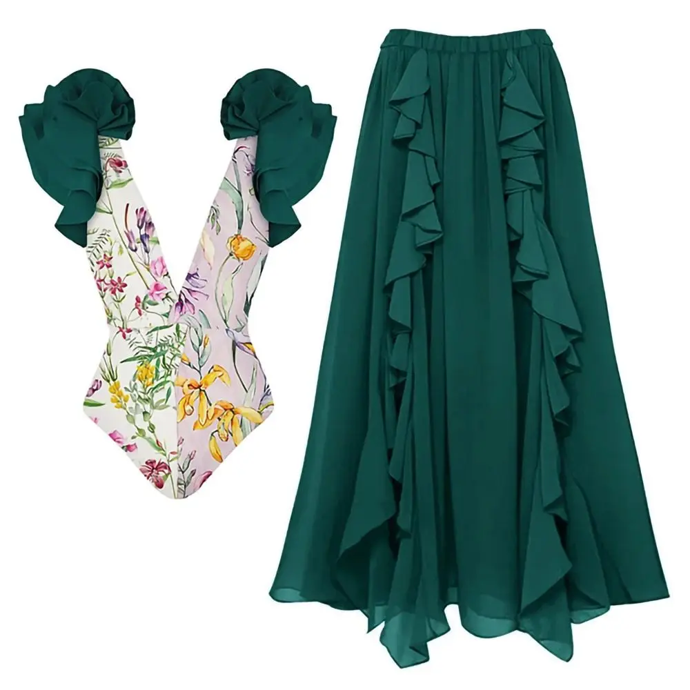 Womens Floral Print Midriff Baring Flared Sleeve Ruffle Trim Swimsuit Dress Set