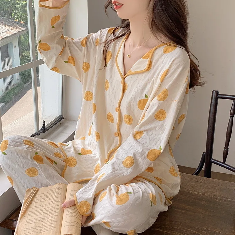 Autumn Winter Women's Cotton Pajamas Long Sleeve Cardigan Pants Loose Fit Oversized Jacquard Home Clothing Set Sweet Sleepwear