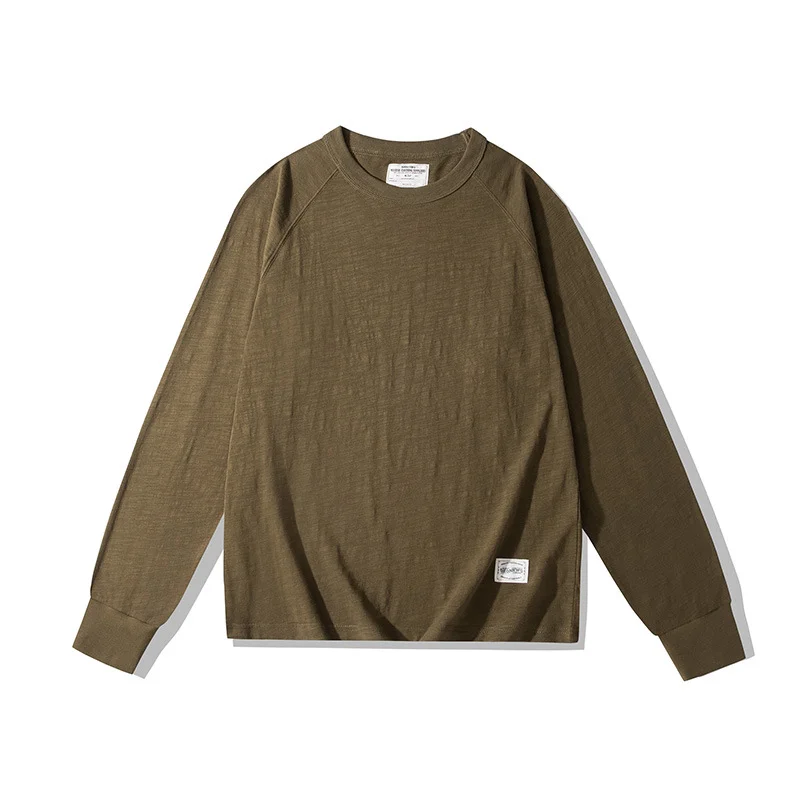 OKONKWO 200g Bamboo Cotton Retro Solid Color Long Sleeve T-shirt Outdoor Trekking Hiking Camping Fitness Sports Tee Combat Gear