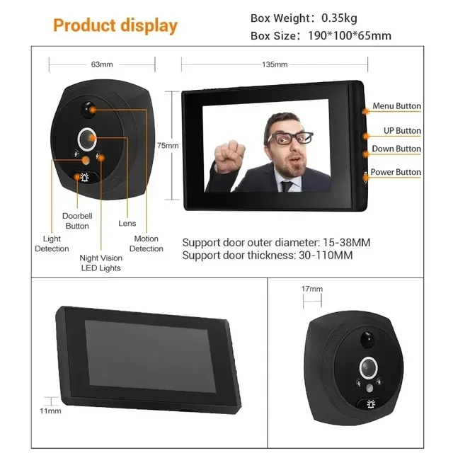 Digital Video Peephole Camera 4.3" Inch Door Viewer Motion Detection Monitor Ring Doorbell Video - Eye Safety Recording 4