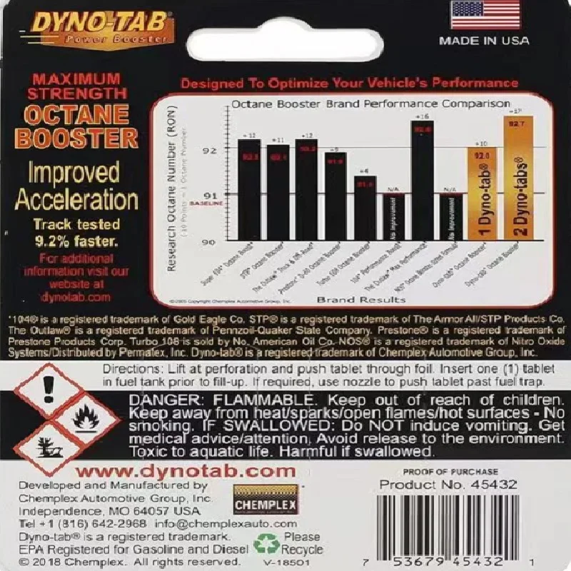 Dynotab&reg; HP Octane Booster Card for Petrol Only Maximizes Power Increase Fuel Economy Eliminate Knock and Ping Made In USA