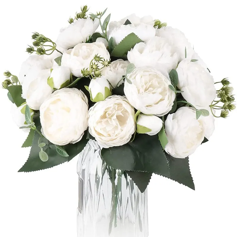 Artificial Flowers 30cm Rose White Peony Bouquet 5 Big Head and 4 Bud for Home Wedding Decoration Indoor
