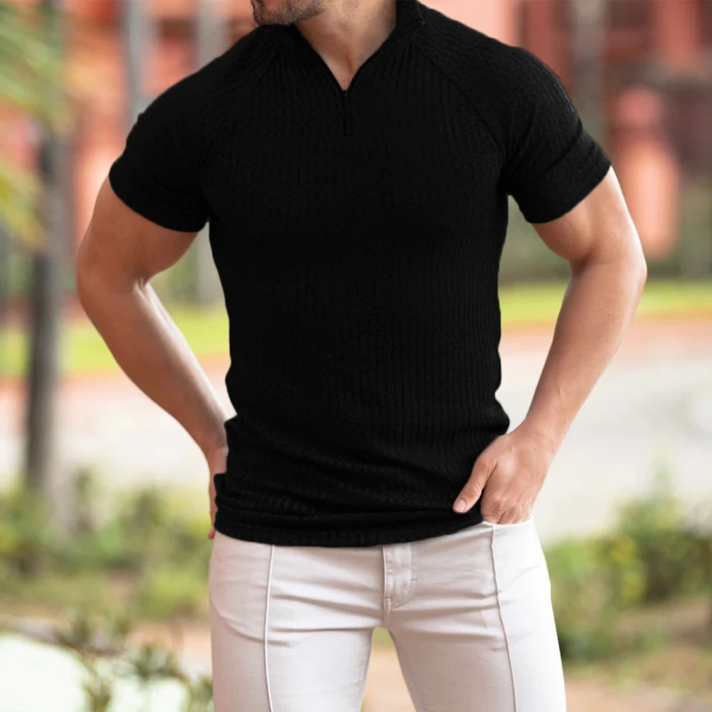 Summer casual street clothing Zipper stand up collar men's POLO shirt Fashion vertical pattern men's short sleeved T-shirt top