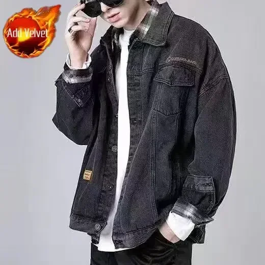 thumbnail image 1 of Abrigos de mezclilla para hombre, chaqueta vaquera de camuflaje para hombre, con botones empalmados, estilo cargo coreano, lavado, talla grande, alta calidad, marca de diseñador, 1 of 5