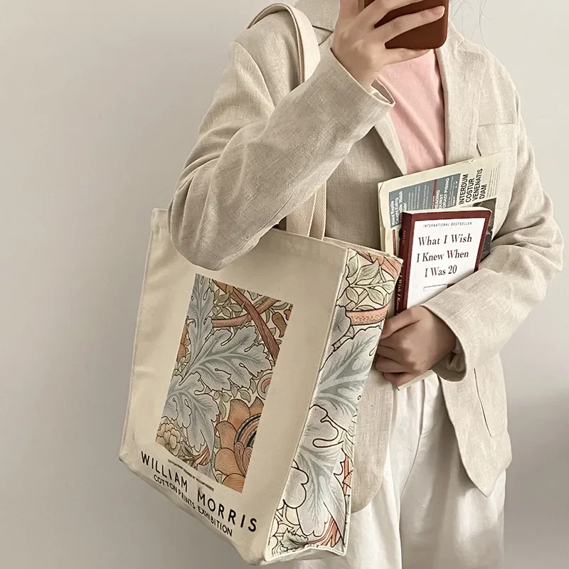 Extra Thick Canvas Female Shoulder Bag Van Gogh Morris Vintage Oil Painting Zipper Books Handbag Large Tote For Women Shopping books do furnish a painting