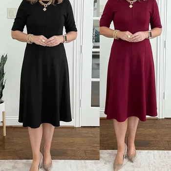 Abito midi elegante da donna, alla moda, con scollo a O, tinta unita, maniche corte, vestibilità ampia, linea ad A, per feste in spiaggia, abito da ufficio per donna