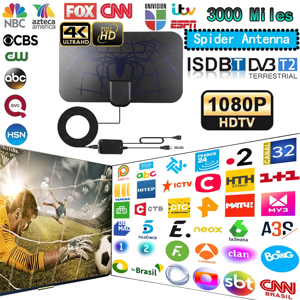 3000 Mile Smart TV Antenna 8K 4K DVBT2 HDTV Digital Antenna Spider