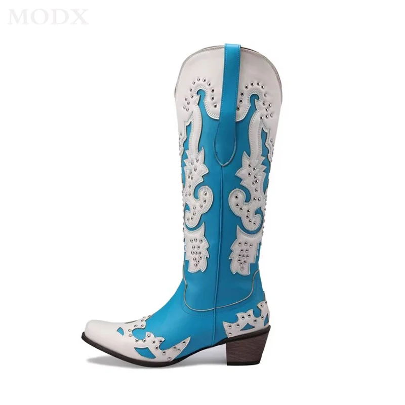 

Retro Western Cowboy Boots Hollow Patchwork Embroidery Chunky Heel Knight Boot Mid-calf Female 2023 New Mixed Color Rivets Shoes