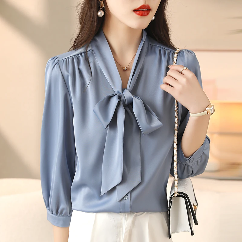 

Новинка 2024, осенняя шелковая атласная блузка, элегантная рубашка во французском стиле с длинным рукавом и бантом, Офисная Женская однотонная свободная одежда, блузы 28435