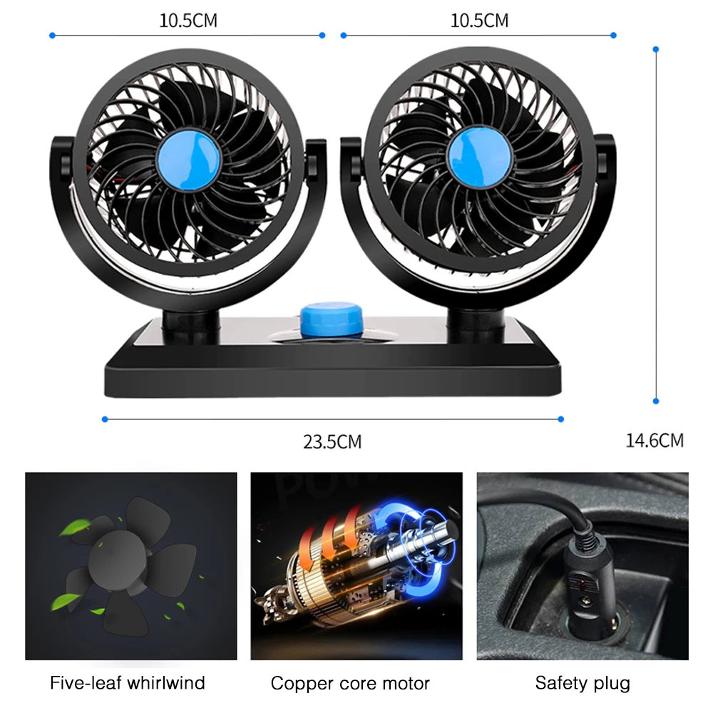 Car Dual Fan Car Interior Accessories 360 Degrees-round Cooling Accessories Swing Fan Ventilation Board Summer 12V