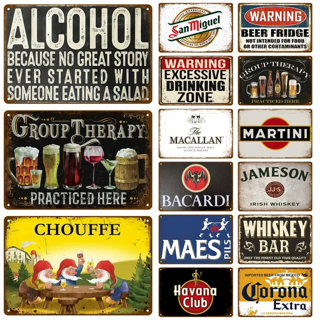 Juego 4 Letreros Metal Retro Pub - Diseños Cerveza, Vino, Terapia De Grupo, 8" Tamaño
