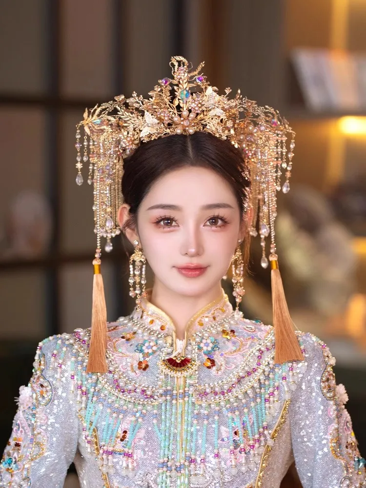 

Traditional Chinese Style Magnificent Tassel Phoenix Hair Crown Luxurious Wedding Head Accessories