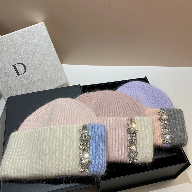 

2023 New Luxury Rhinestone Winter Hat Women Fluffy Angora Rabbit Fur Beanies Ladies Shining Diamond Knitted Hats Warm Wool Cap
