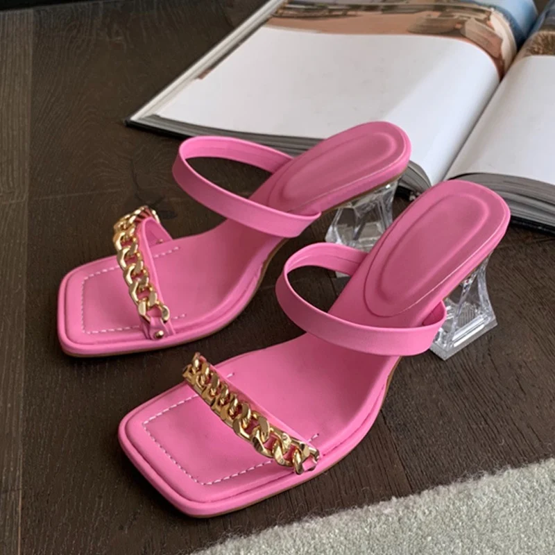 

Transparent Chunky Heels Mules Slippers Ladies Fashion Metal Chain Design Pink Sandals For Women Open Toe Gladiator Shoes Slides