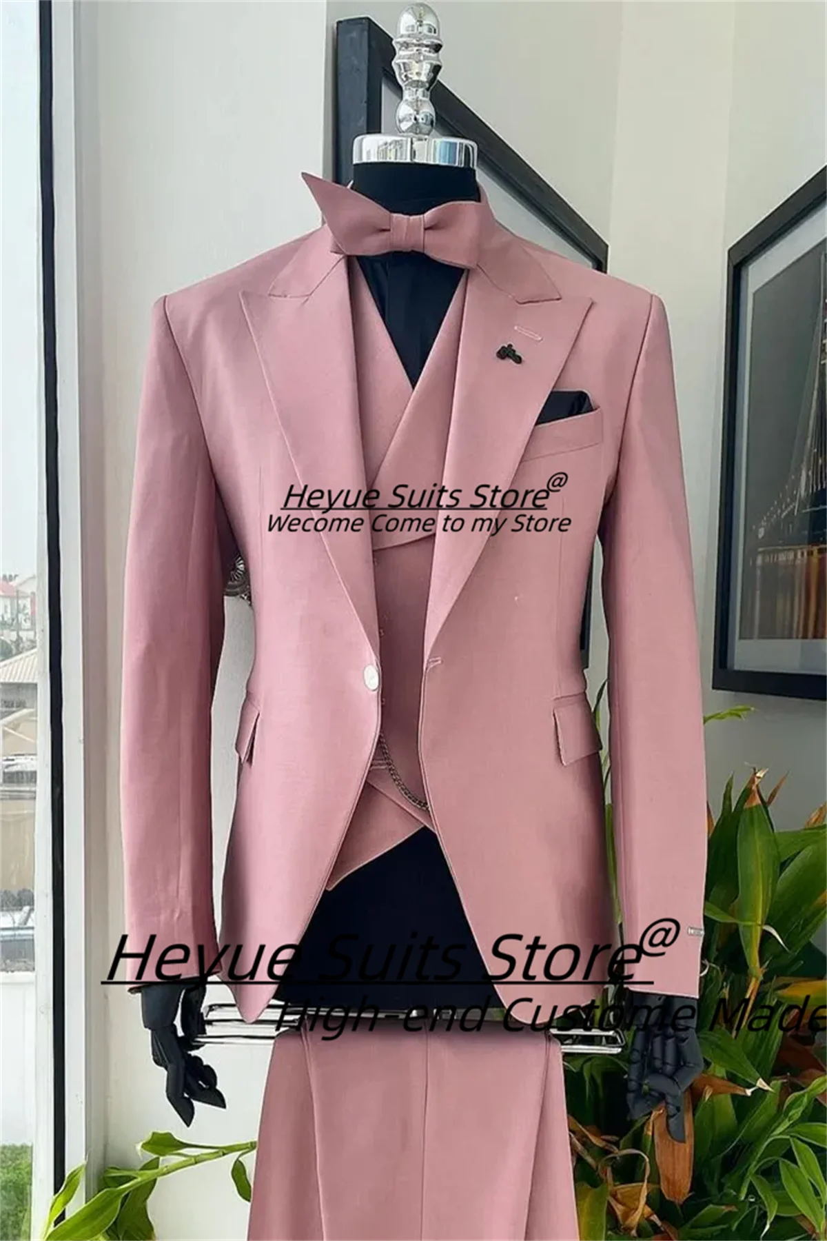 Elegant Pink High-end Men Suits Slim Fit Peak Lapel Groom Wedding Tuxedos 3 Pieces Sets Business Male Blazers Costume Homme
