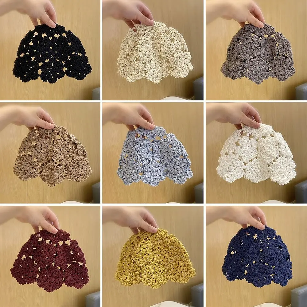 Breathable Hollowed Out Knitted Hat Flowers Lace Beret Cap Fashion Casual Skullies Hat for Women 5