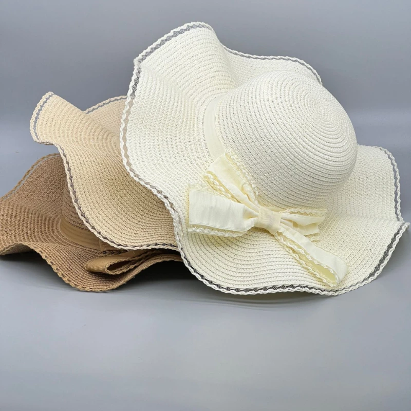 

Summer Bow Hat Large Brimmed Straw Hat Outdoor Beach Sun Hat Women's Wave Border Sun Hat