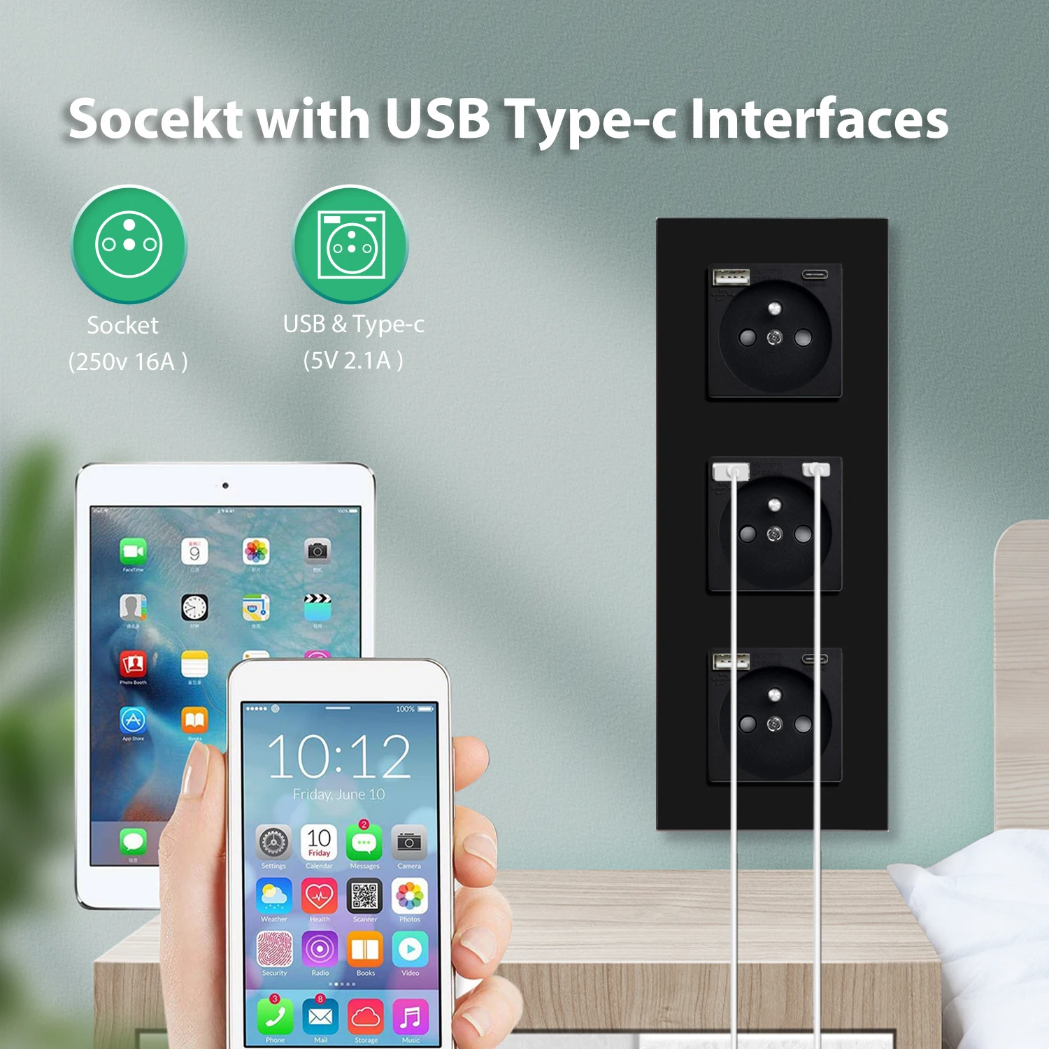 Touch Light Switch USB C Phone Charge 1/2/3Gang Wall Switches Double Sockets
