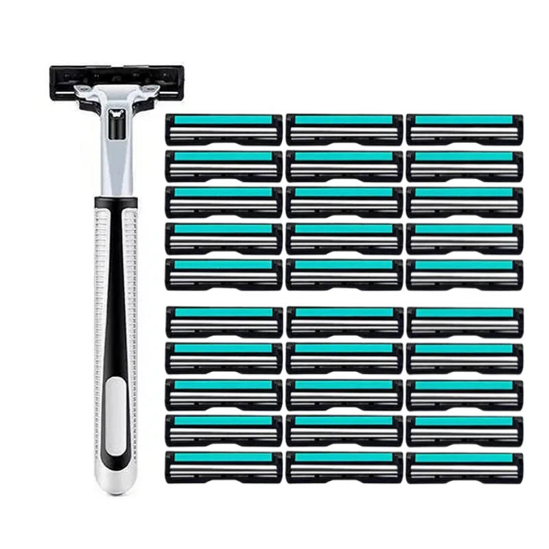 

1 Holder + 30 Blades Classic Manual Razor Retro Wet Shaving Twin Bladed Safety Razor Stainless Steel Blades Skin Guard Included