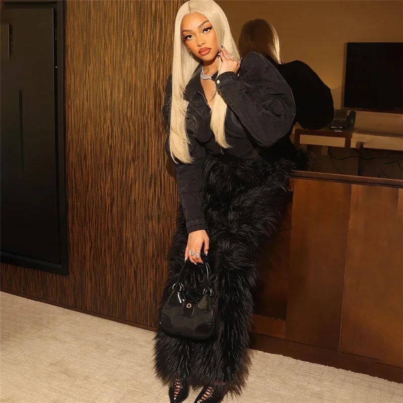 Faux Fur Solid Casual Straight Pants for Women 2023 Autumn Winter Fashion Elastic High Waist Loose Trousers Streetwear Bottoms