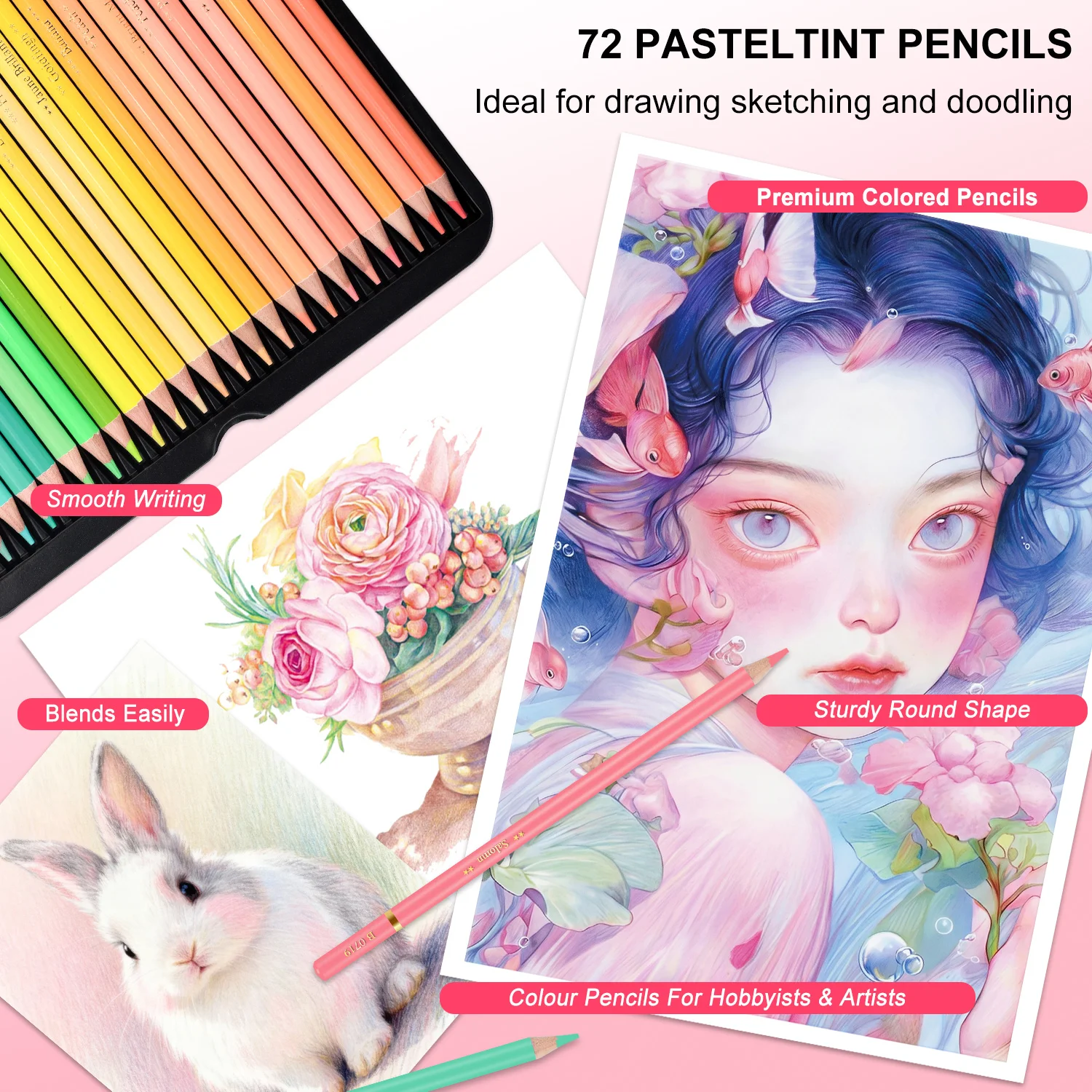 프리미엄 파스텔틴트 색연필 세트 | 72색 마카롱 파스텔 색연필, 왁스 기반 소프트 코어 | 틴 케이스에 담겨 제공됩니다.
