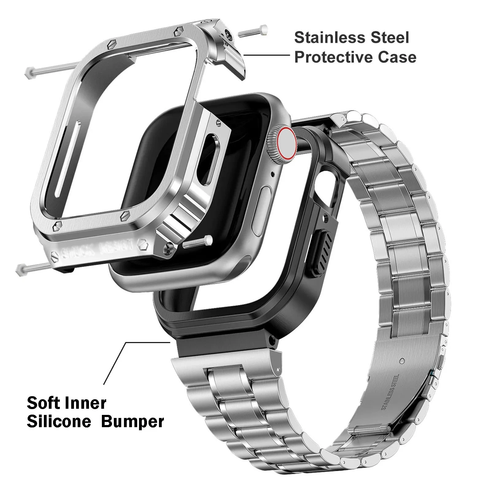 Premium Stainless Steel Metal Case Strap for Apple Watch - Enhanced Modification Kit