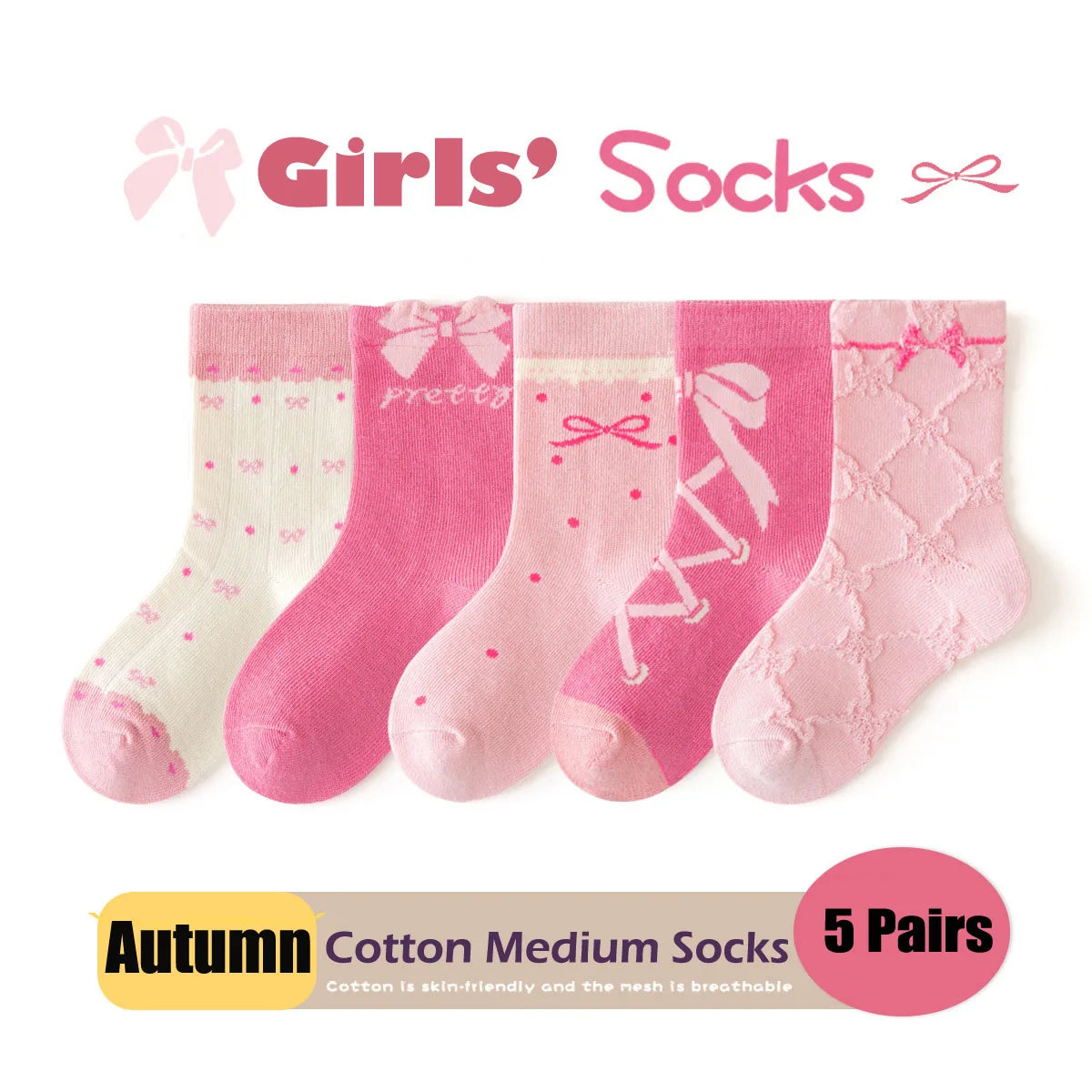 Spring Girls Socks Baby Sweet Rosy Bowknot Pattern Socks Cotton Socks Children Calf Socks Kids Socks 5 Pairs 3