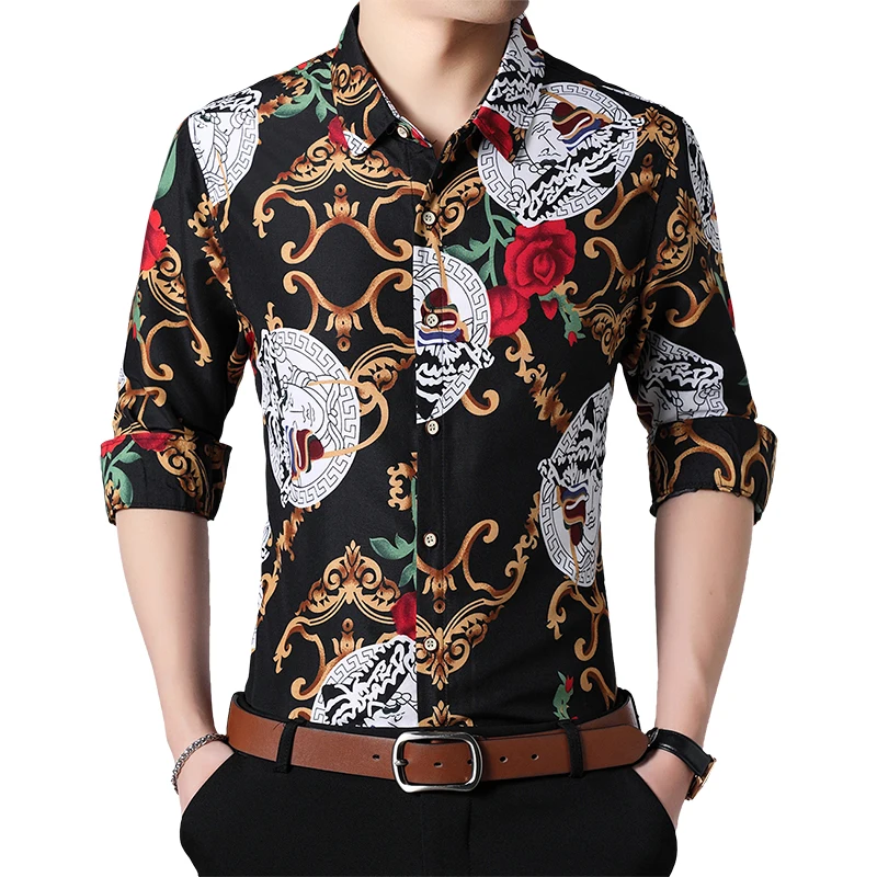 

New Autumn Long Sleeve Shirt Men Fashion Personality Printed Shirts Plus Size 5XL 6XL 7XL Social Hawaiian Floral Beach Shirt
