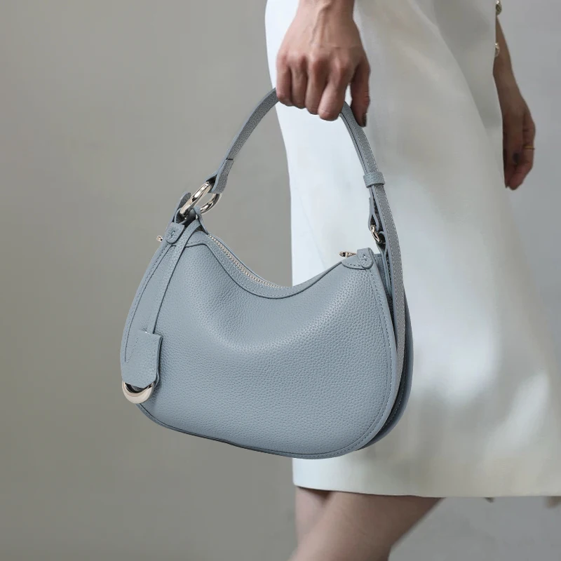 The First Layer of Cowhide Underarm Shoulder Bag 2026 New Niche Design Minimalist Blue Fashion Soft Leather Hand Saddle Bag 1