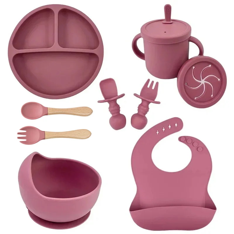 Food Grade Silicone Baby Dish Set Feeding Bowl Suction Plate Straw Cup Wooden Spoon Forks Kids Tableware