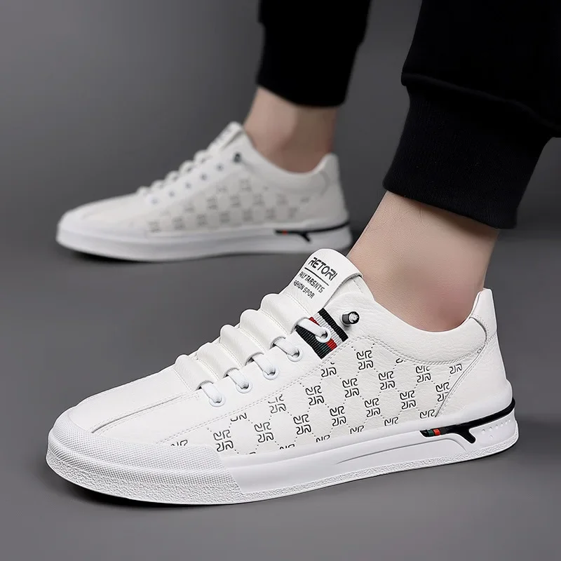 Spring New Shoes for Men Genuine Leather Casual Shoes Fashion Knurling Flat Skateboard Shoes Youth Lace-up Sneakers 2