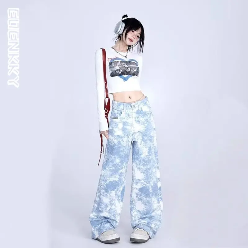 

Blue Jeans Women Sky Blue Tie-dyed High Waist Wide Leg Pant Female Y2K Fashion Pant Autumn Harajuku Straight Trouser Color Block