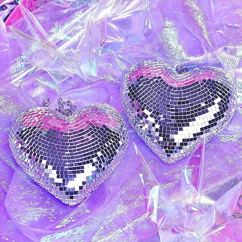Description Picture 5 of item1pc Heart Shape Disco Ball Reflective Glass Party Atmosphere Hanging Decorations Colorful Disco Ball With Chain Party Supplies