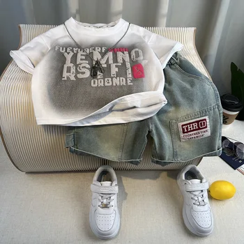 Summer Children Boys Two-piece Suit New Letter Printed Top+loose Elastic Waist Denim Shorts Young Boys Sets Thin Kids Boys Sets 2