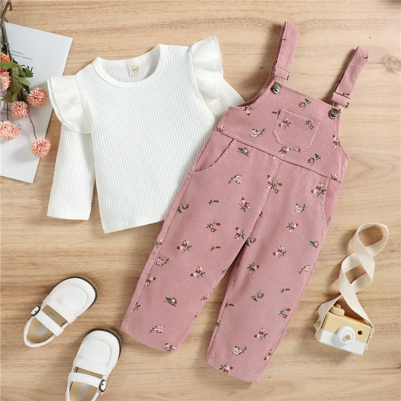 1-4yers Infant Girls Spring Fall Set Pink White Long Sleeve Tops+ Floral Print Suspender Trousers Outfits For Toddler Girls