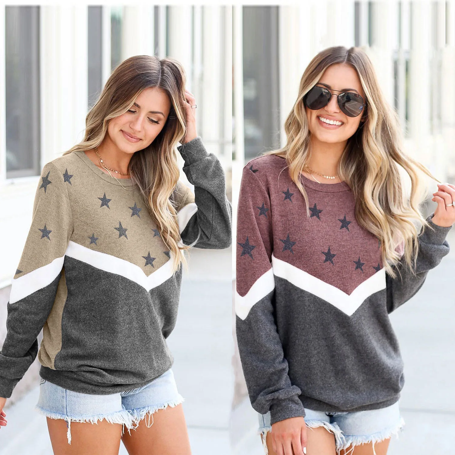 

Round neck long sleeved star print patchwork hoodie for women
