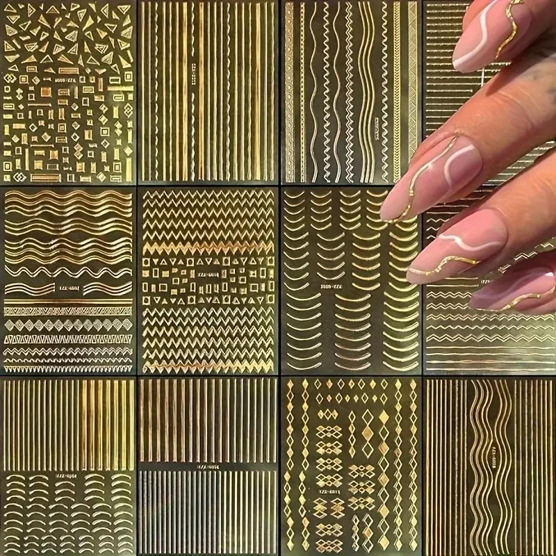 3D Gold Metallic Nail Art Stickers Irregular Stripes French Metallic Wavy Line Self-Adhesive Decals DIY Nail Supplies 12pcs nail stickers decorative stickers nail art decoration nail decals