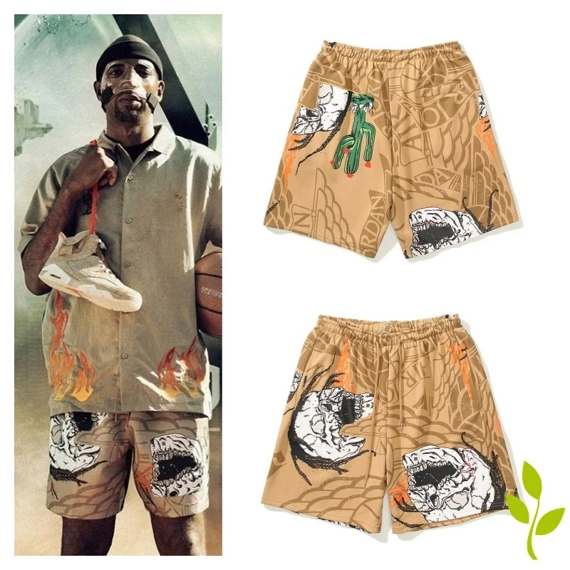 

American High Street Cactus Jack Shorts Skull Cactus Print Casual Shorts Quarter Pants Men Women Stylish Pants