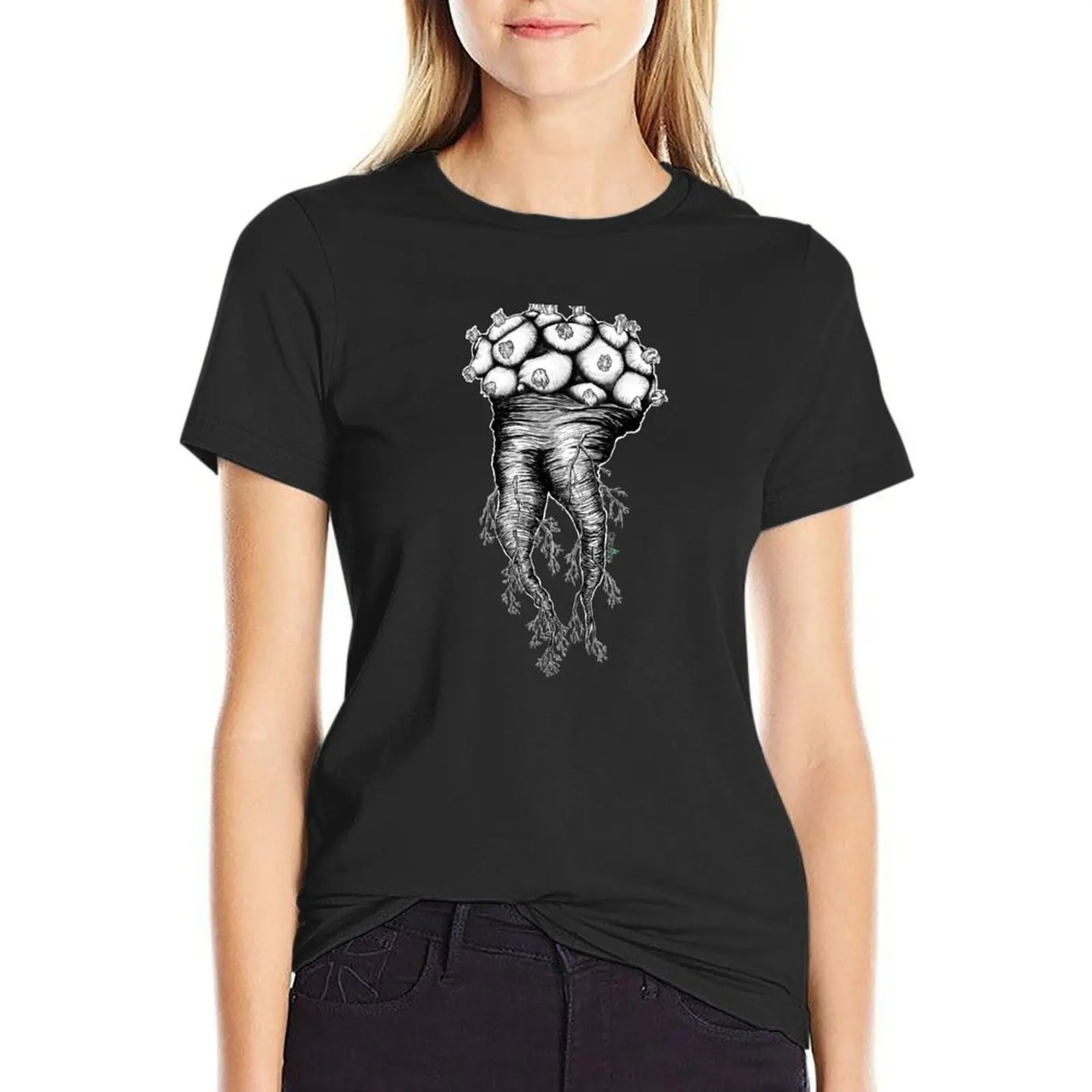 Lophophora camiseta de dibujo de raíz para mujer, tops bonitos para mujer, ropa de diseñador de lujo, ropa de verano