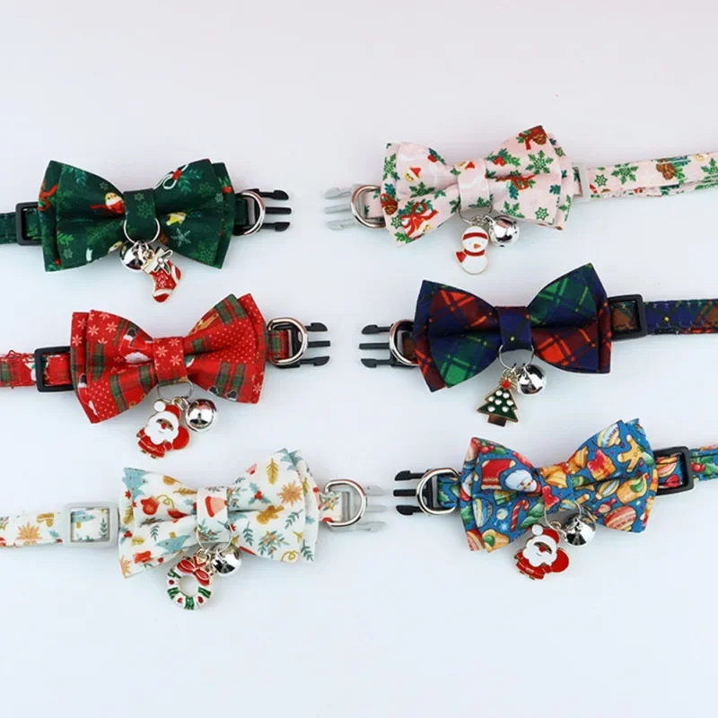 Christmas Bowknot Cat Dog Collar with Bell Adjustable Breakaway Pet Puppy Kitten Safety Buckle Bowtie 2026 New Year Gifts