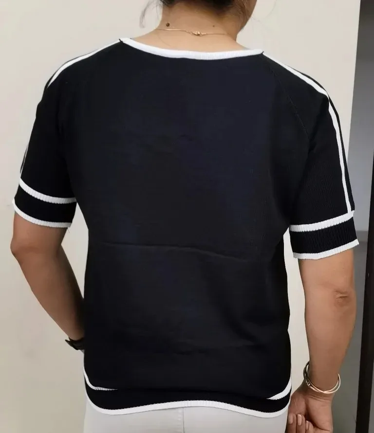 Color Blocked Women's Knitted Thin Short Sleeved Top Casual Striped Fashionable T-shirt 18841