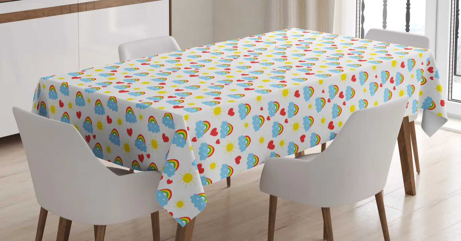 Cartoon Tablecloth Smiling Clouds Rainbows Sun Pattern Printed Fabric Dining Table Cloth for Kitchen and Home Decoration |