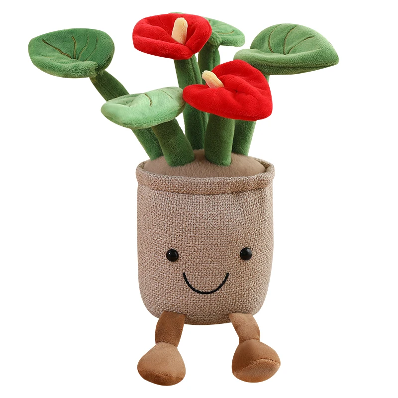 10/35cm 웃는 얼굴 안투리움 플러시 꽃 베개 화분 인형 다리가 있는 인간형 인형 네 가지 색상 홈 데코 소품 선물