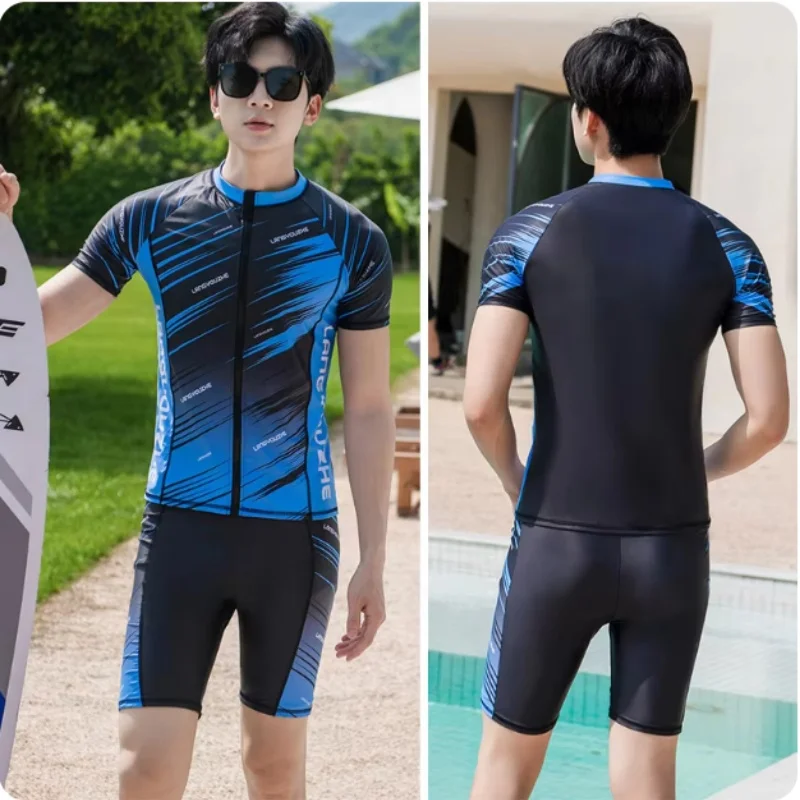 Men's 2pcs Full Set Rash Guard, UV Sun Protection Quick Dry Swim Shirt+Boy Shorts, Water Surf Swimsuit Bath Suits Lycra Clothing