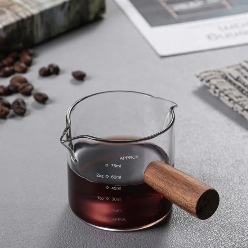 Wood Handle Glass Coffee Mini Milk Cup Espresso Measuring Cup Double/Single Mouth Kitchen Sauce Dish Measure Mug 50/75/100ml for Measuring Cup
