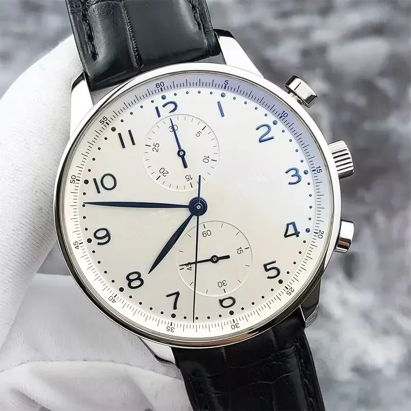 

Luxury High Quality Dial Quartz Chronograph VK63 Portugueses Series Leather Watch Men Business Black White Wristwatch 43mm