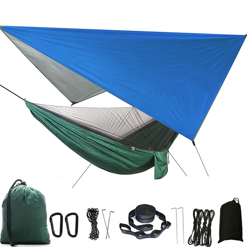 Camping Hammock Mosquito Net and Rain Fly Tarp Portable Tent Parachute Hammock with Tree Strap Indoor Outdoor Backpacking Travel 