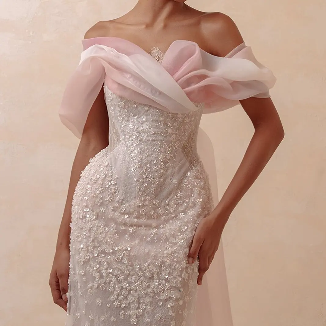 Hot Sale Champagne Sequin V-Neck Evening Dress Mermaid Gown Gold Beaded Formal Prom Off The Shoulder Gala Dress With Shawl 1