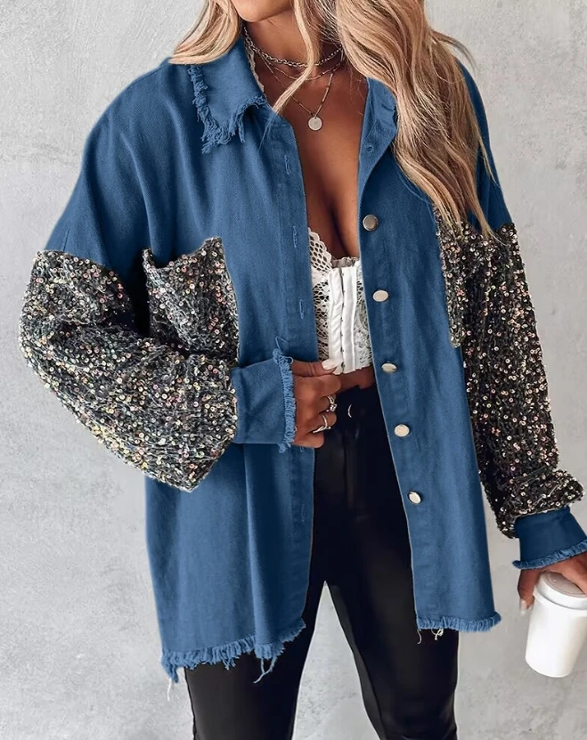 

Woman Loose Coat 2023 New Autumn Contrast Sequin Raw Hem Casual Colorblock Female Fashion Temperament Long Sleeve Jacket