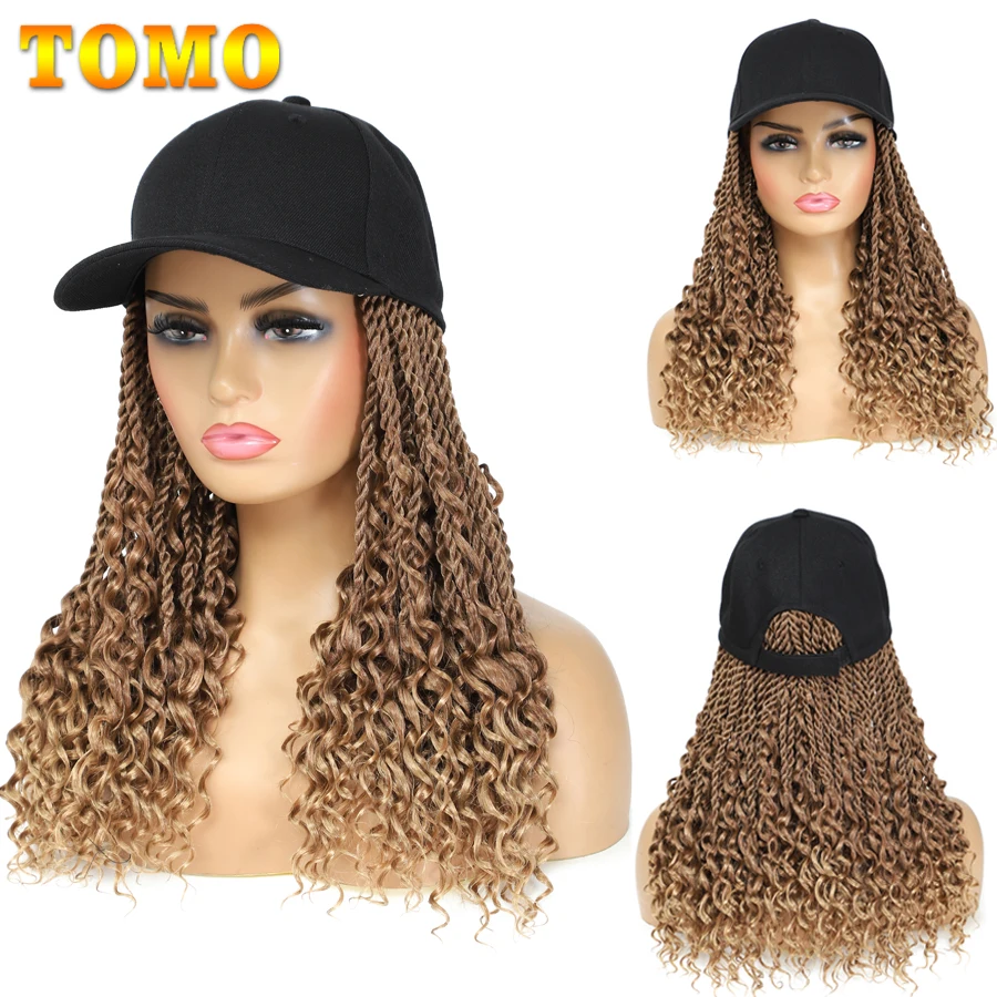 TOMO Baseball Cap With Boho Senegalese Twist Hair Extensions Adjustable Hat With Synthetic Wig Attached Baseball Hat Wig 14 Inch